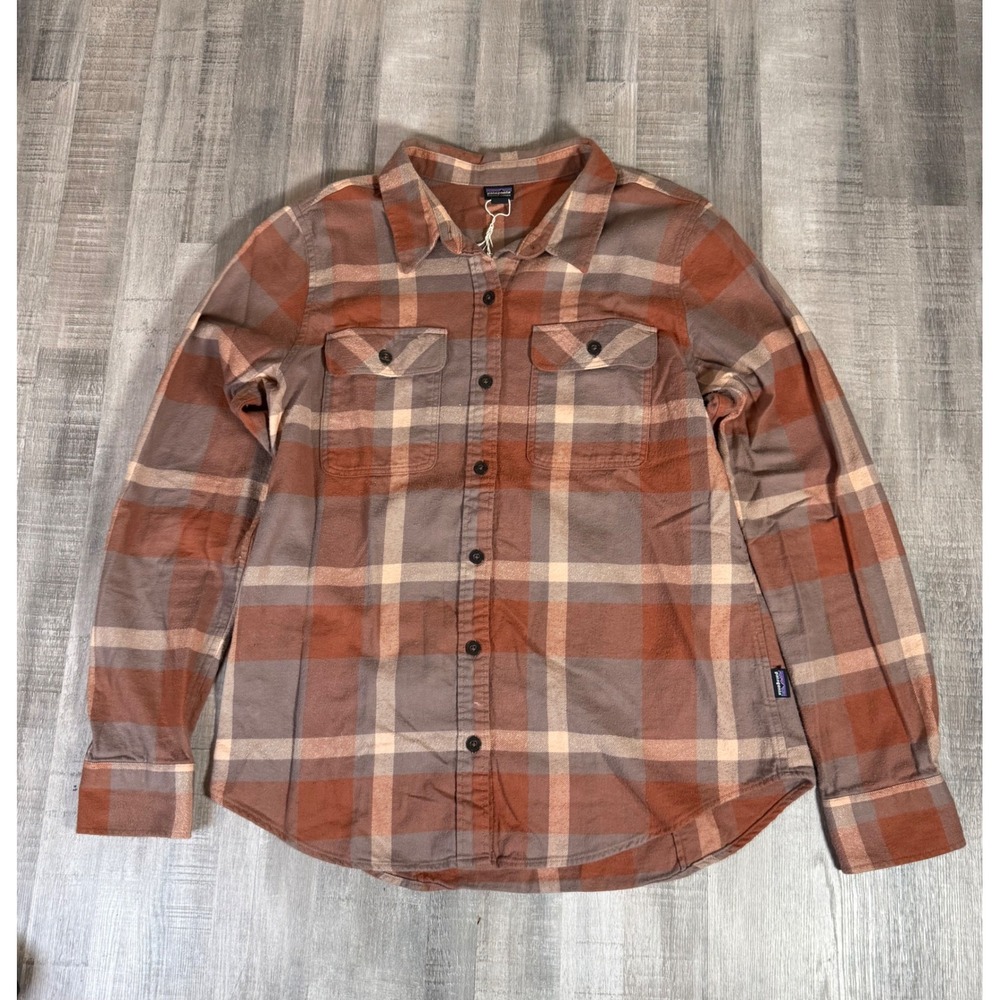 Patagonia Fjord Flannel Shirt Mens Medium Brown Tan Plaid Organic Cotton 42405